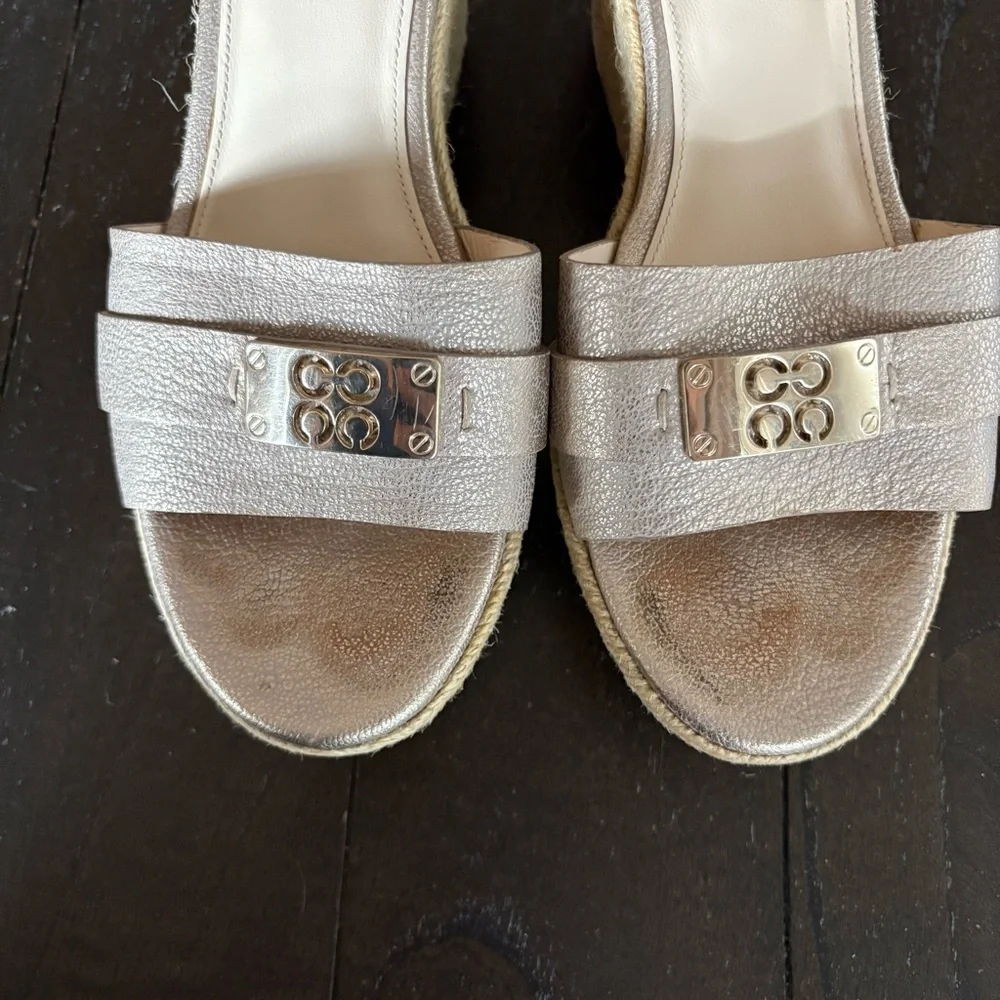 Coach Christie Gold Espadrille Wedge‎ Platform Sandals Leather Metallic Size 8.5